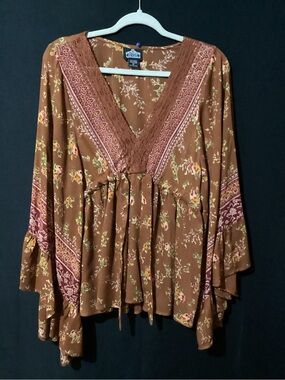 Angie Brown Floral Lace-Trim Boho Tunic